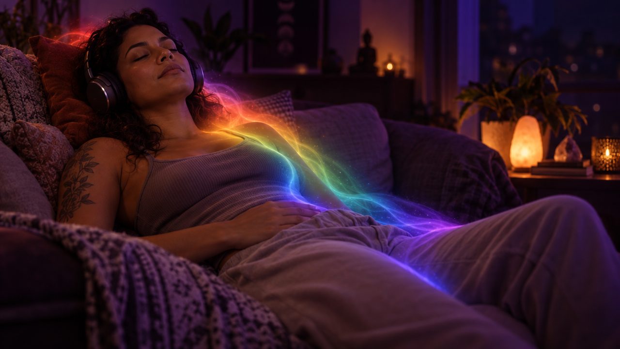 Mujer acostada de noche, con los ojos cerrados y audífonos, con una luz suave alrededor del cuerpo